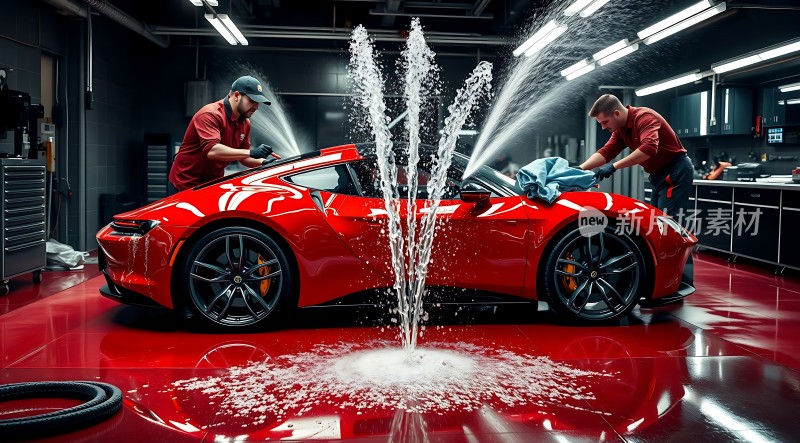 红色跑车车间内清洗