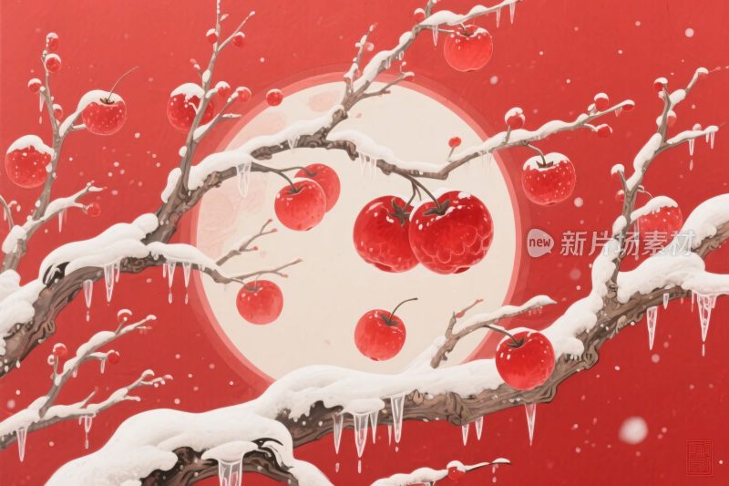 冬季红枝雪景插画
