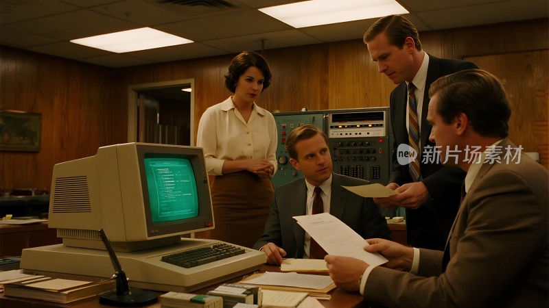 复古办公室场景经典电脑与商务人士互动