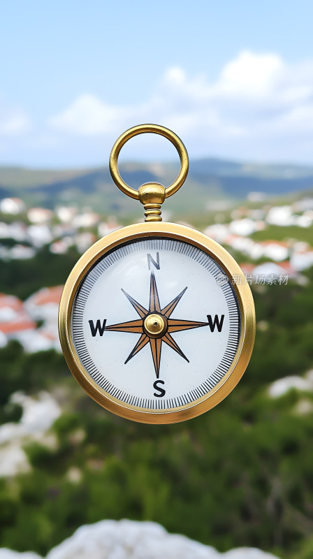 风景优美背景下黄金罗盘