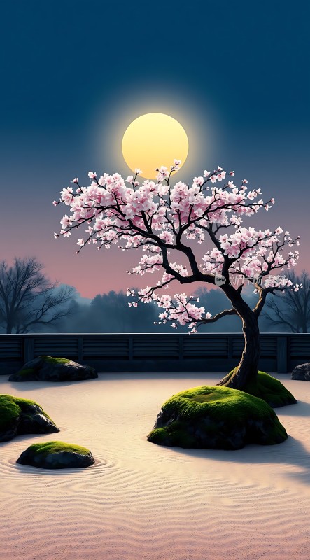 春夜月下樱花树