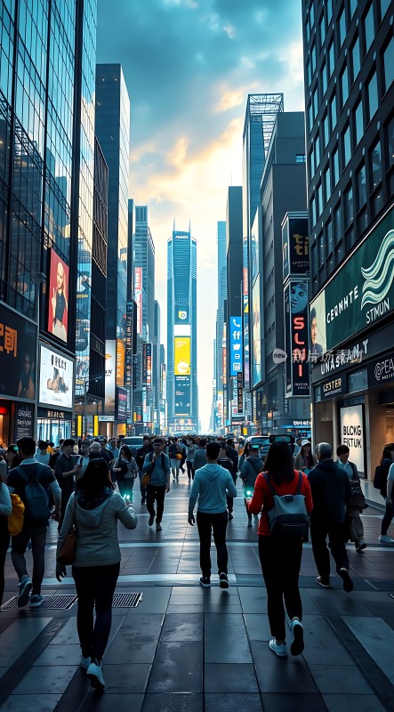 繁华都市街头行人熙攘摩天大楼林立霓虹灯闪烁
