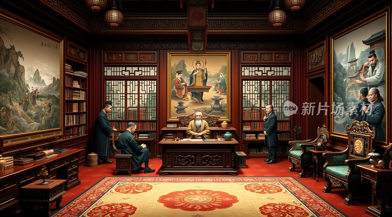 古风书房里的学者聚会