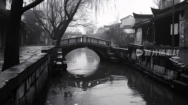 水乡古镇黑白风景照