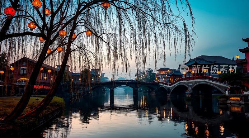 古桥夜色灯笼映水乡