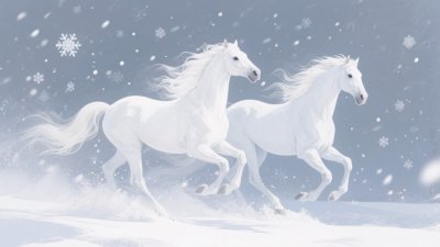 雪地中奔腾的两匹白马 雪地中奔腾的两匹白马