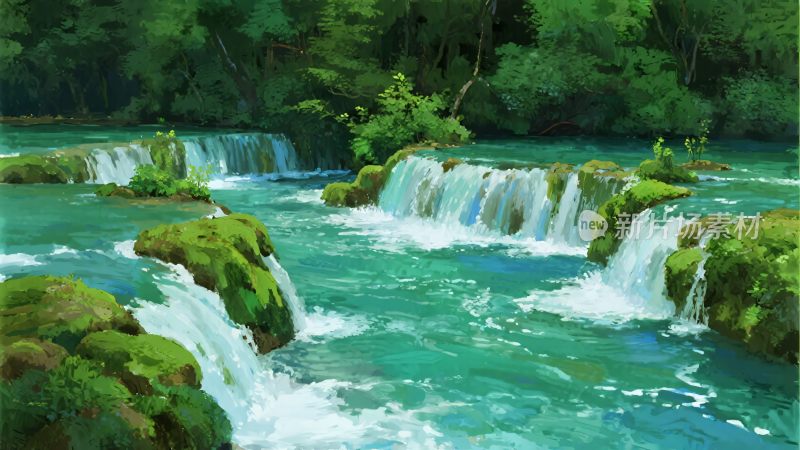 山间翠绿瀑布溪流美景