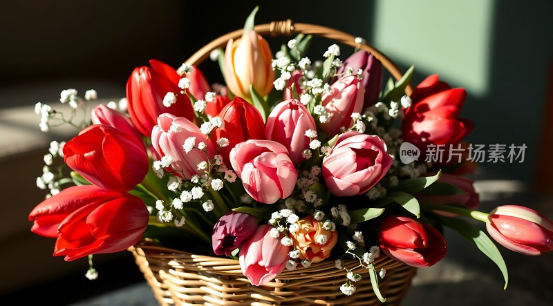 阳光下的多彩郁金香花篮