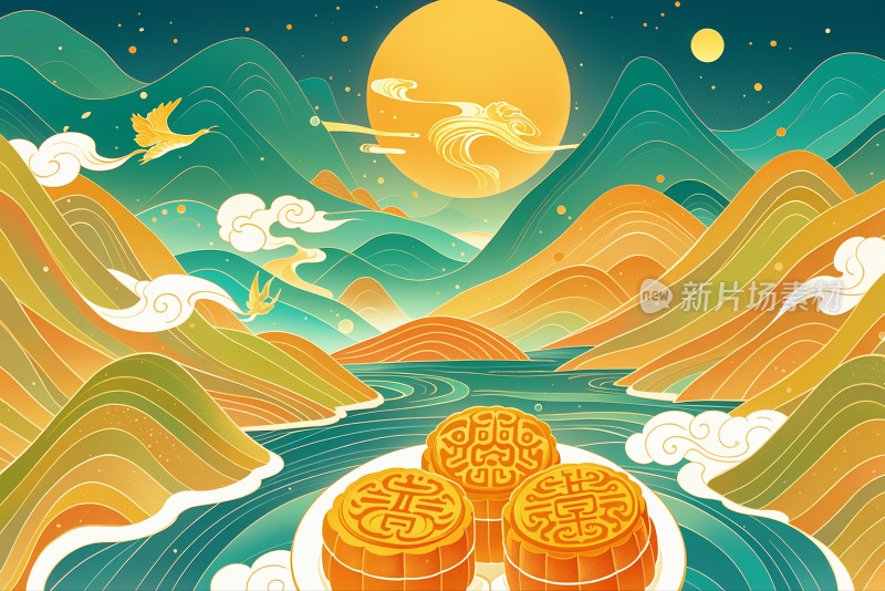 中秋节月饼创意国风插画