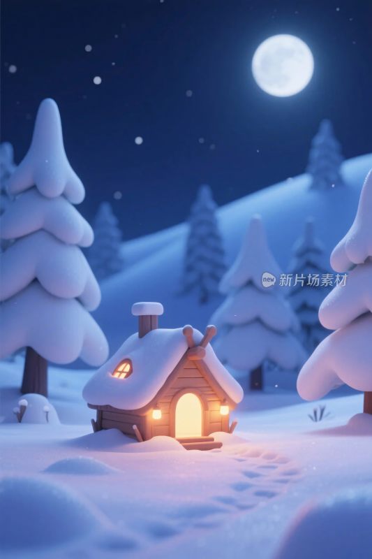 雪夜小屋满月雪景