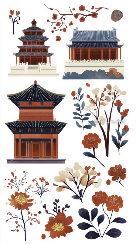 传统中国建筑与花卉装饰插画