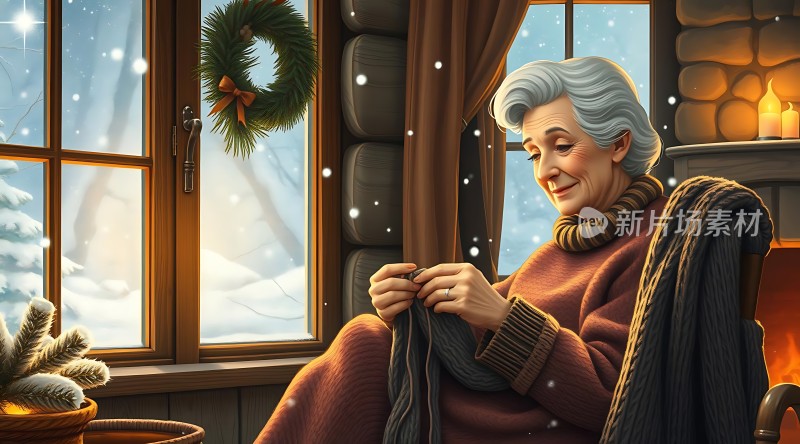 冬日暖炉旁老人编织温馨时光