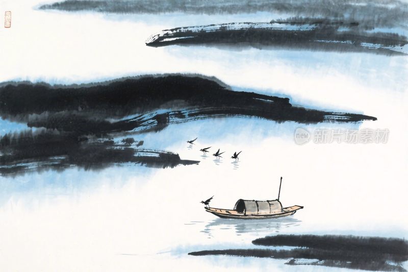 水墨山水小船图