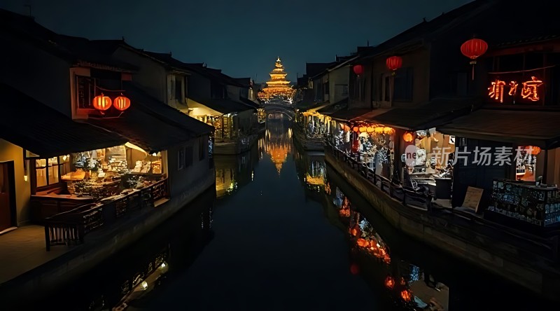 夜幕下的古镇水乡灯火阑珊映照河面