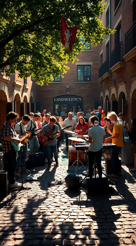 街头乐队演奏吸引观众目光