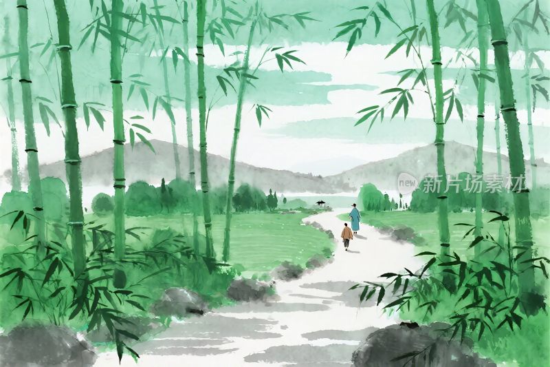 竹林山水风景插画