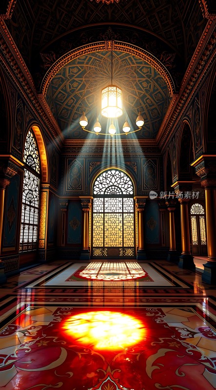 阳光洒落宫殿内部华丽装饰映衬出宏伟壮丽