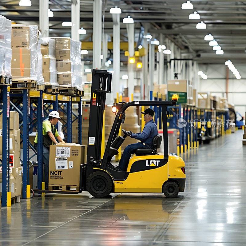 仓库作业叉车与工人在忙碌搬运货物