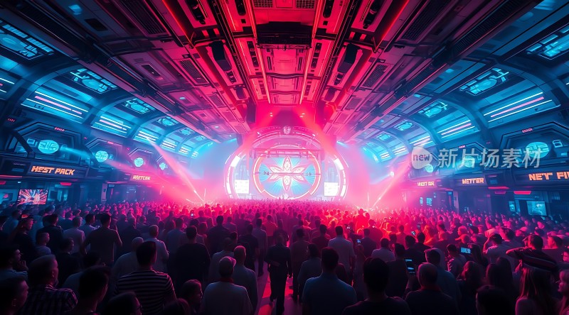 科技感十足的派对现场人群聚集舞台灯光璀璨