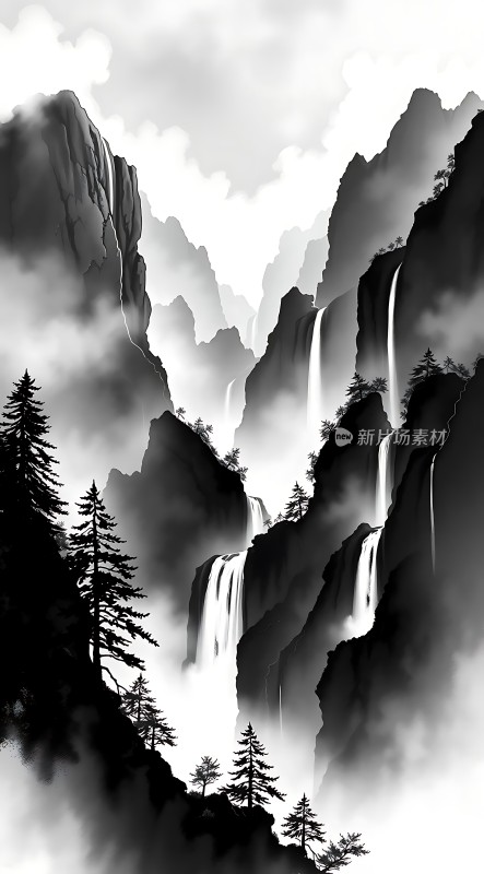 云雾缭绕的山谷瀑布群