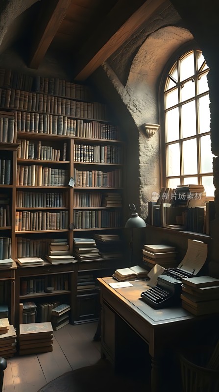 古旧书房书架、书籍与复古打字机营造静谧氛围