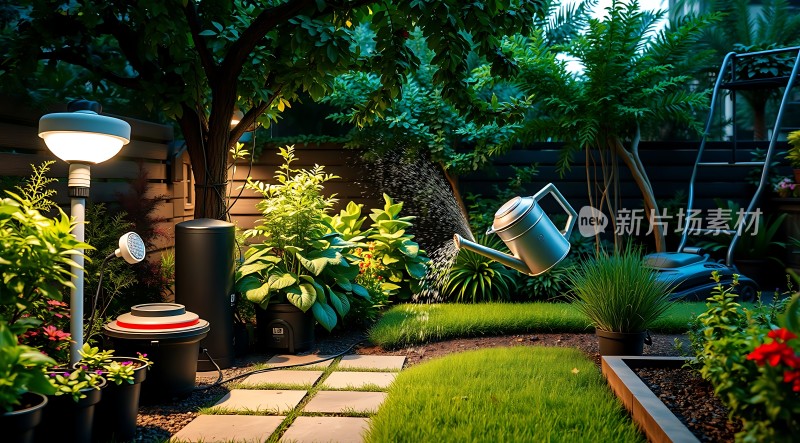 夜晚花园灯光下的绿色植物和浇水壶