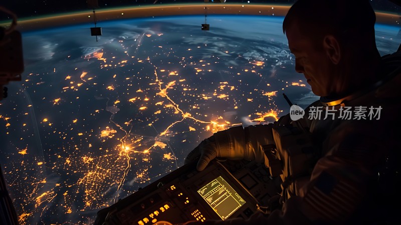 太空探索地球夜景宇航员操作仪器