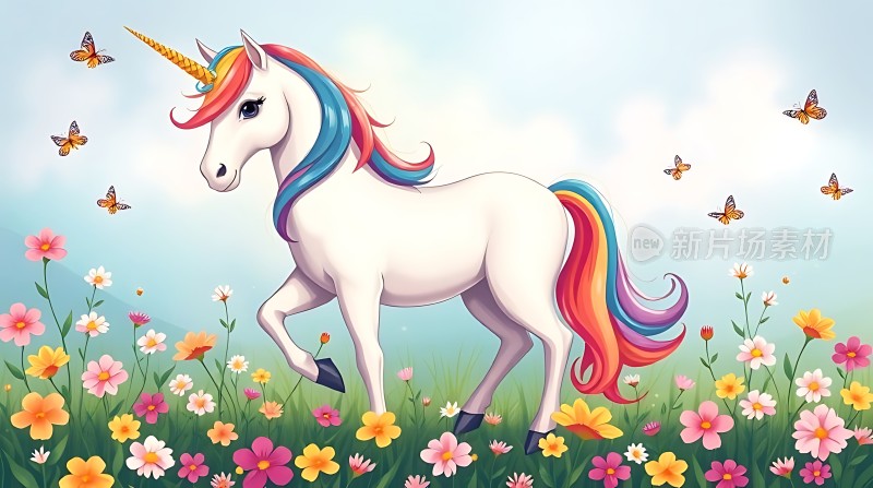 彩虹独角兽在花丛中漫步