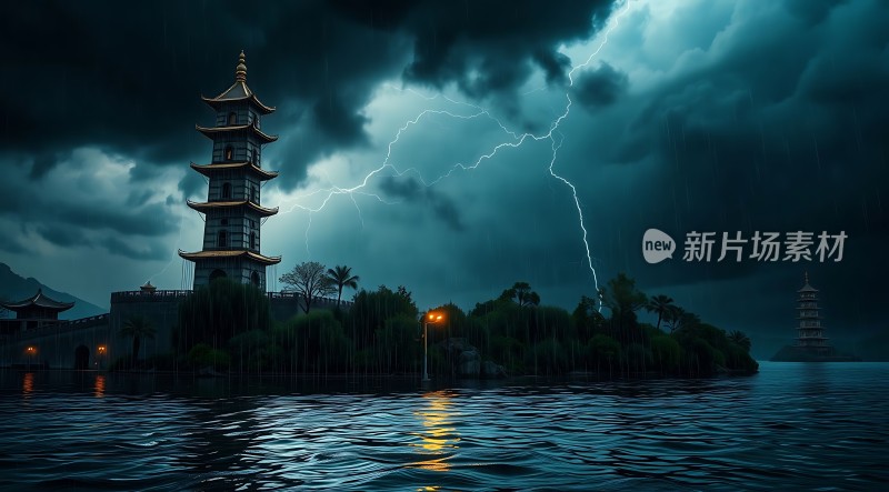 雷雨夜下的古塔与闪电