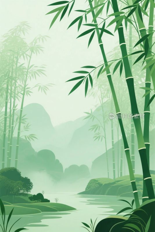 竹林山水风景插画