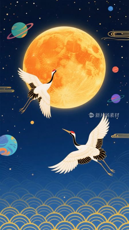 月夜双鹤伴行星飞翔插画