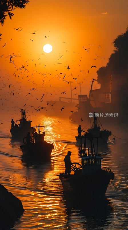 日出渔船剪影