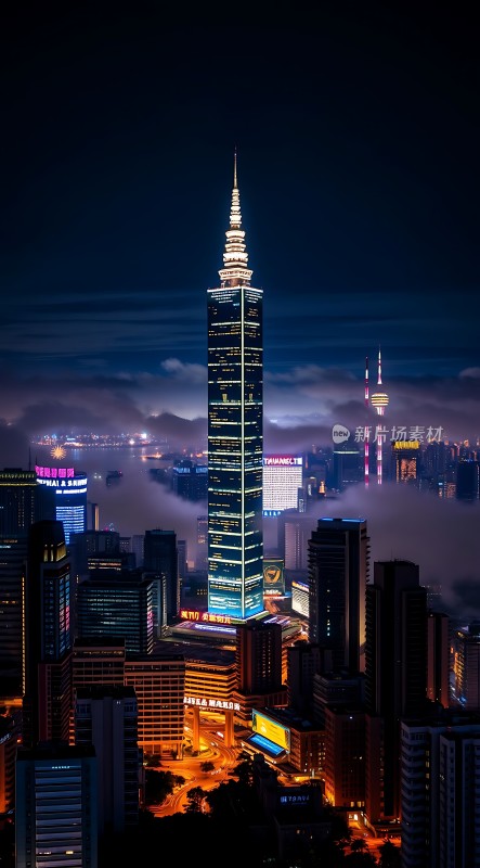 夜幕下的城市地标建筑群灯火辉煌云雾缭绕展现都市繁华景象