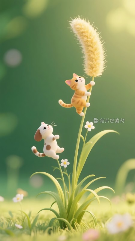 小猫小狗共赏花穗