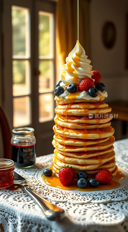 高耸的煎饼塔顶部装饰着奶油和新鲜浆果糖浆从上方倾泻而下旁边还有一瓶果酱
