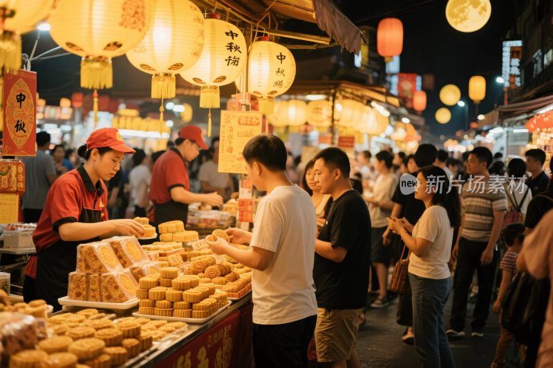 夜晚街头集市热闹场景