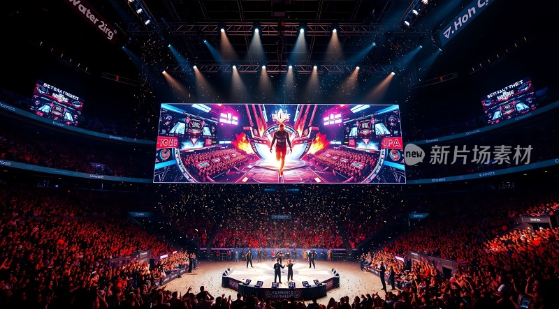 电竞比赛现场舞台中央选手亮相观众热情高涨