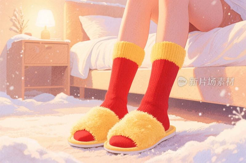 室内毛绒拖鞋冬日插画
