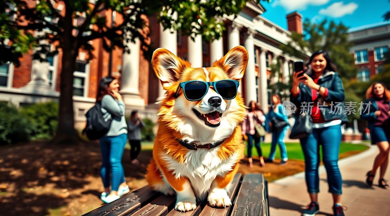 戴墨镜的柯基犬在校园里拍照