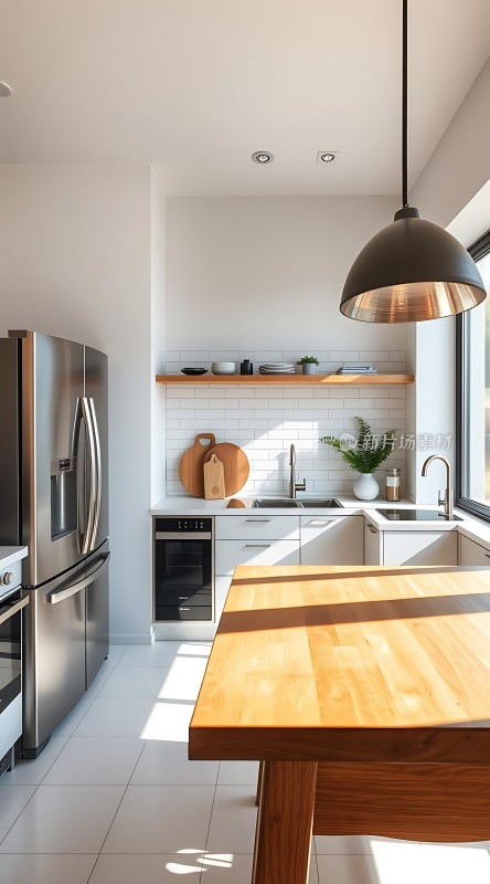 现代厨房设计自然光线充足木质与不锈钢搭配简约而温馨