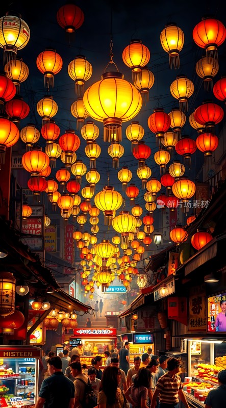 夜市灯笼下的繁华街景