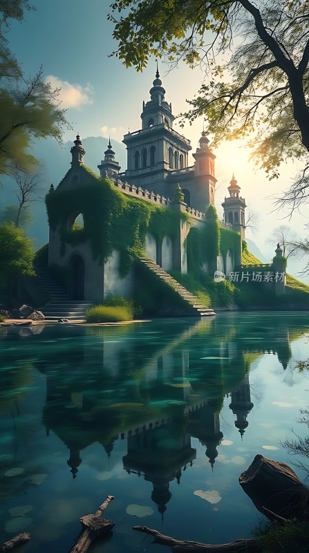 神秘古堡倒影湖畔阳光洒落绿意盎然