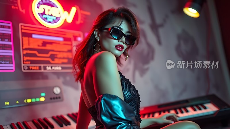 霓虹灯下时尚女性与音乐键盘共舞