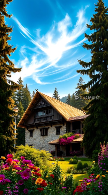 蓝天下的木屋与花园