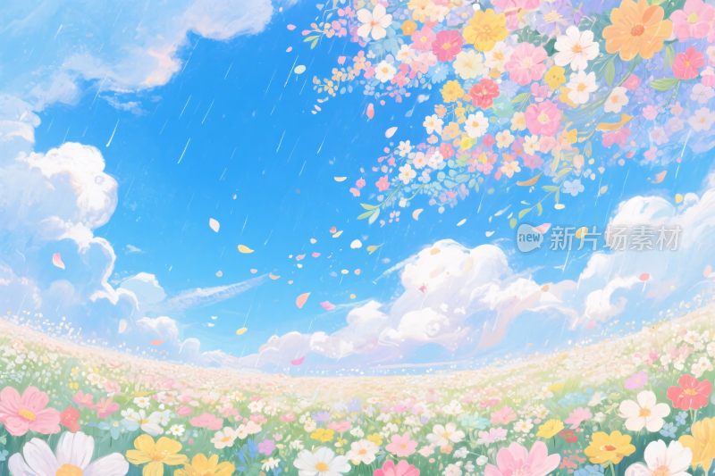 梦幻花海与蓝天白云