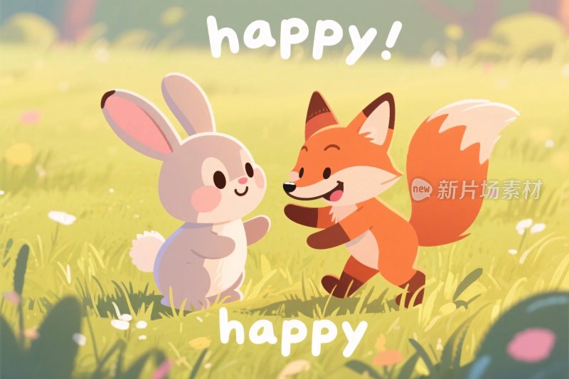 兔子狐狸欢乐互动插画