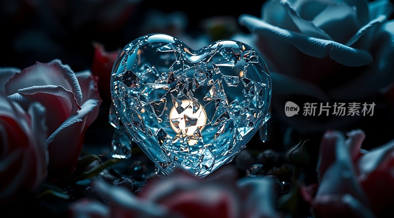 破碎的心形水晶灯周围环绕着玫瑰