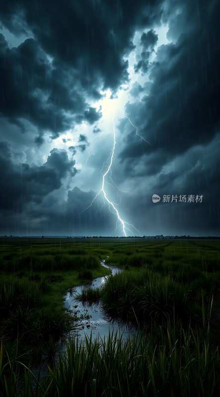 雷雨夜下的闪电与田野