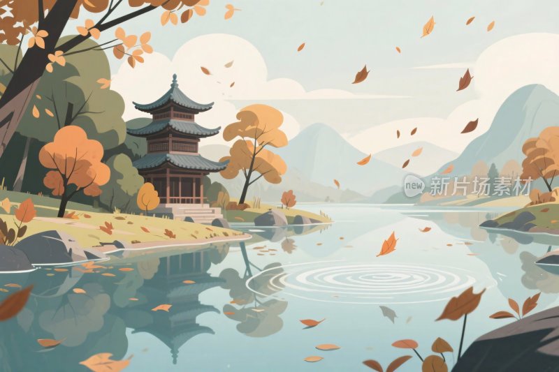 秋景古建筑山水插画