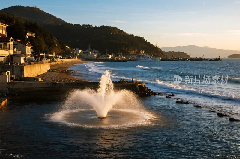 海边喷泉与沿岸风景